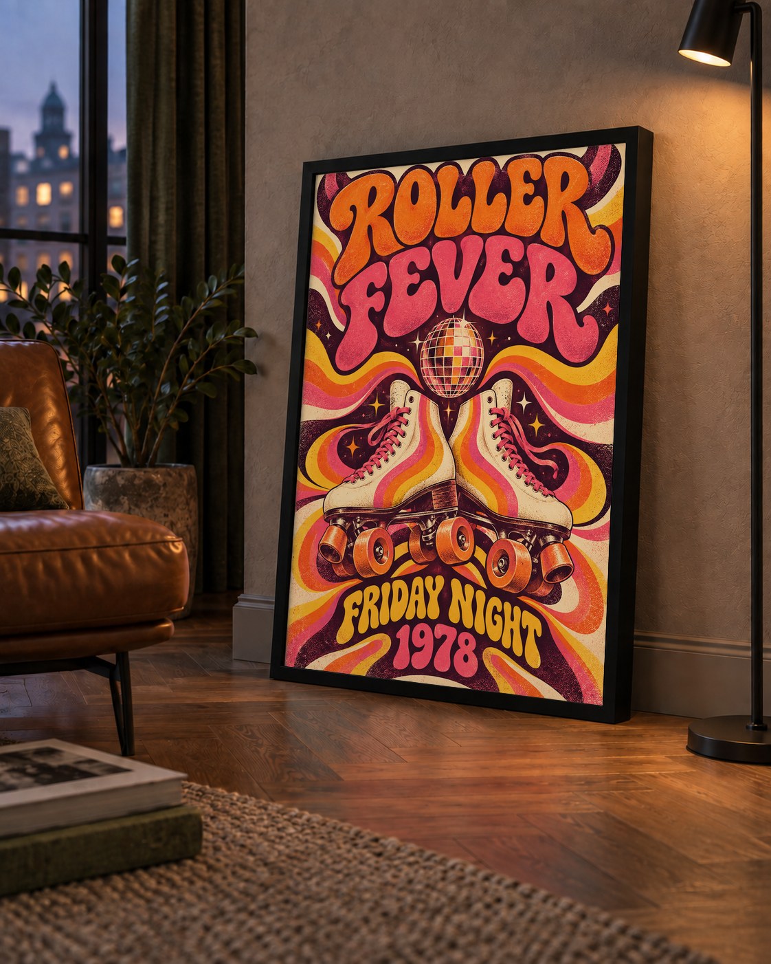 Retro Paten ve Disko Topu Poster – Renkli 70’ler Duvar Dekoru — çerçeveli hâliyle bir ev duvarında