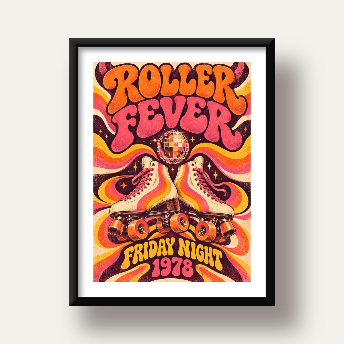 Retro Paten ve Disko Topu Poster – Renkli 70’ler Duvar Dekoru — siyah derin çerçeveli paspartulu