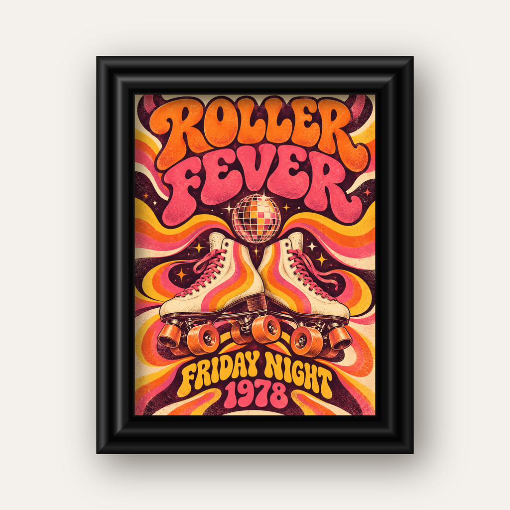 Retro Paten ve Disko Topu Poster – Renkli 70’ler Duvar Dekoru — siyah galeri çerçeveli