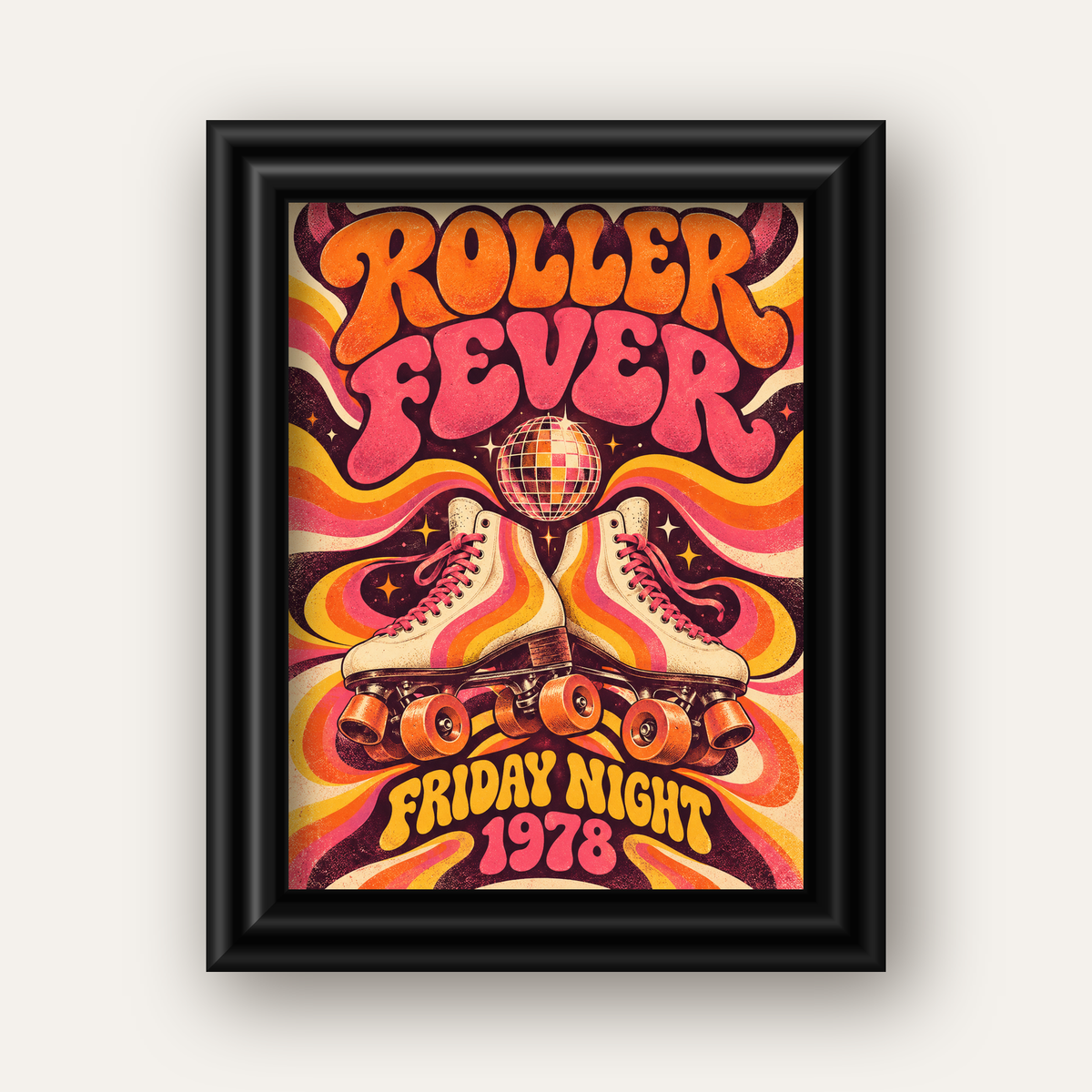 Retro Paten ve Disko Topu Poster – Renkli 70’ler Duvar Dekoru — siyah galeri çerçeveli