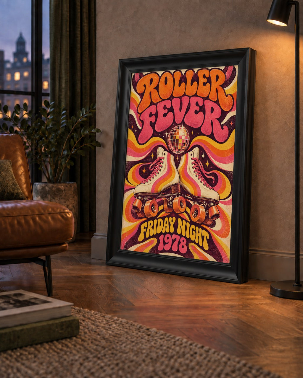 Retro Paten ve Disko Topu Poster – Renkli 70’ler Duvar Dekoru — çerçeveli hâliyle bir ev duvarında