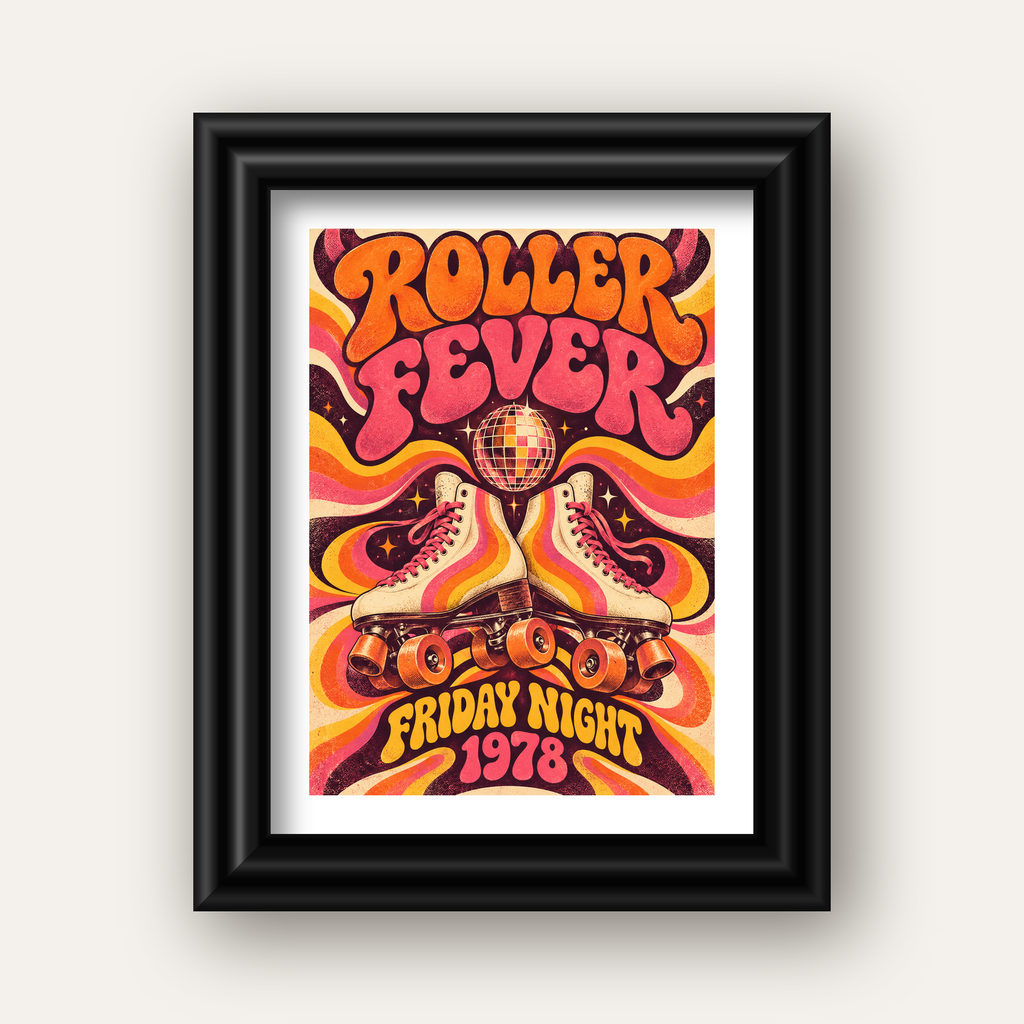 Retro Paten ve Disko Topu Poster – Renkli 70’ler Duvar Dekoru — siyah galeri çerçeveli paspartulu