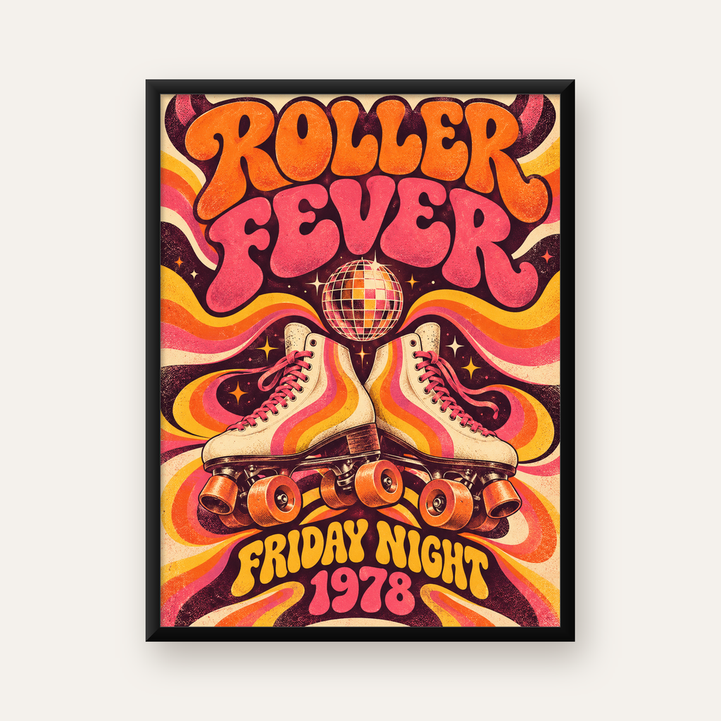 Retro Paten ve Disko Topu Poster – Renkli 70’ler Duvar Dekoru — Dikey baskı, düz siyah çerçeveli duvar posteri
