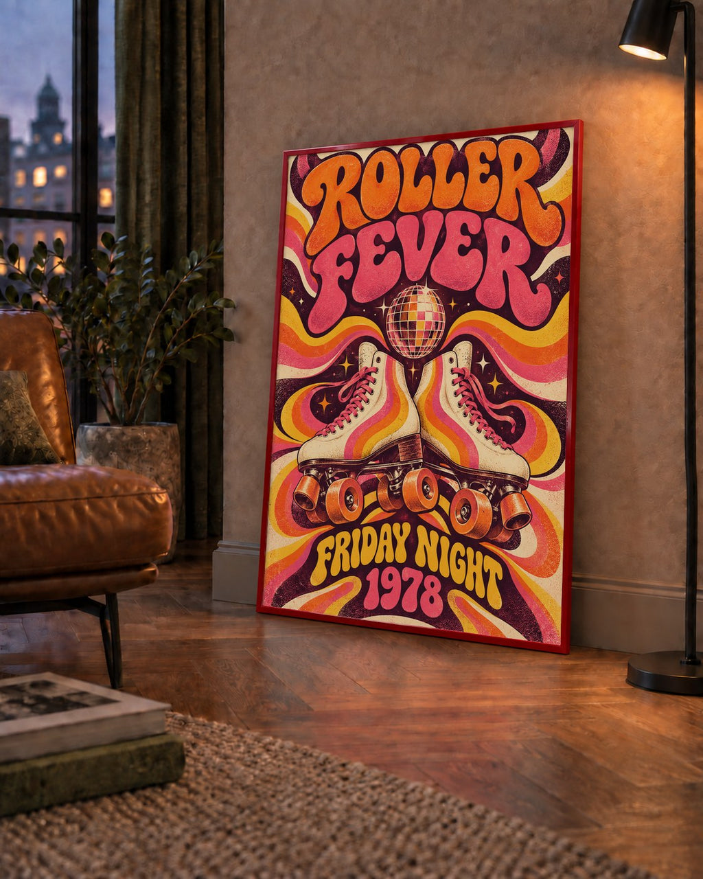 Retro Paten ve Disko Topu Poster – Renkli 70’ler Duvar Dekoru — çerçeveli hâliyle bir ev duvarında