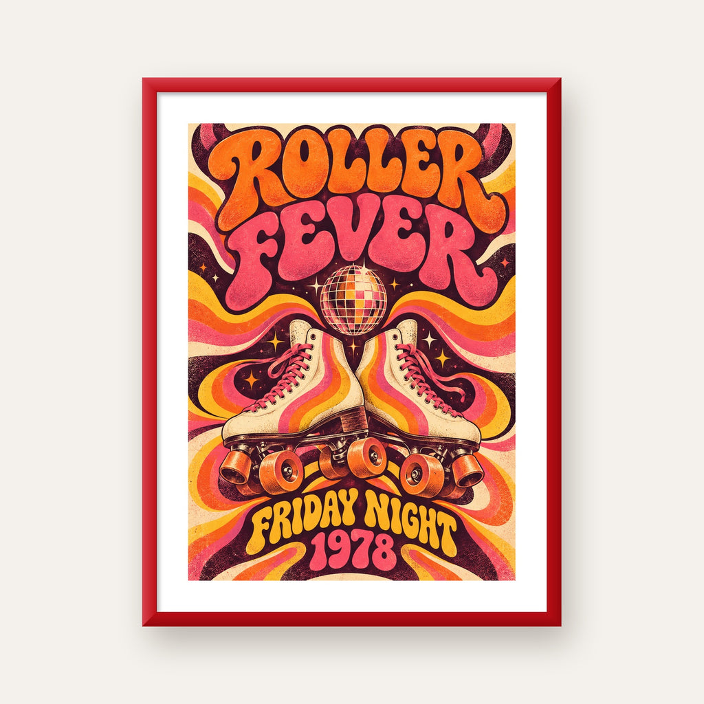 Retro Paten ve Disko Topu Poster – Renkli 70’ler Duvar Dekoru — kırmızı çerçeveli paspartulu