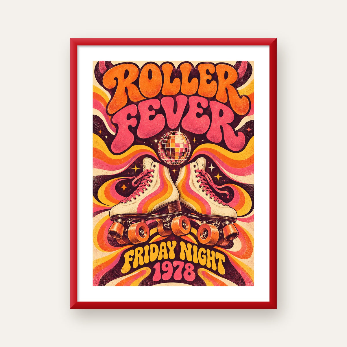 Retro Paten ve Disko Topu Poster – Renkli 70’ler Duvar Dekoru — kırmızı çerçeveli paspartulu