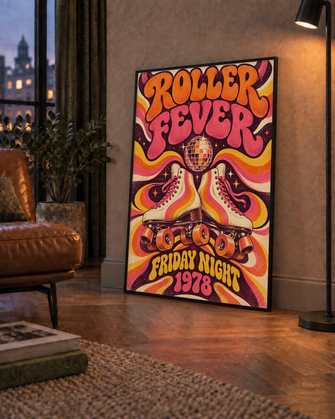 Retro Paten ve Disko Topu Poster – Renkli 70’ler Duvar Dekoru — çerçeveli hâliyle bir ev duvarında