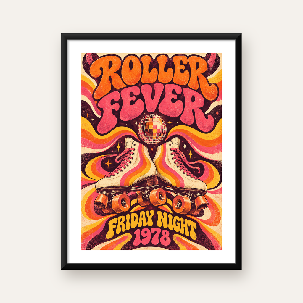 Retro Paten ve Disko Topu Poster – Renkli 70’ler Duvar Dekoru — Dikey baskı, beyaz paspartulu
