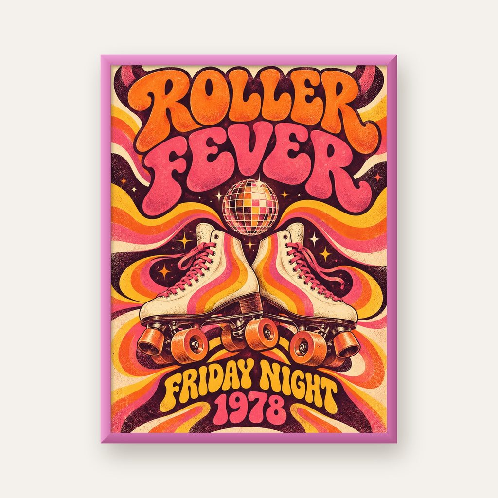 Retro Paten ve Disko Topu Poster – Renkli 70’ler Duvar Dekoru — pembe çerçeveli