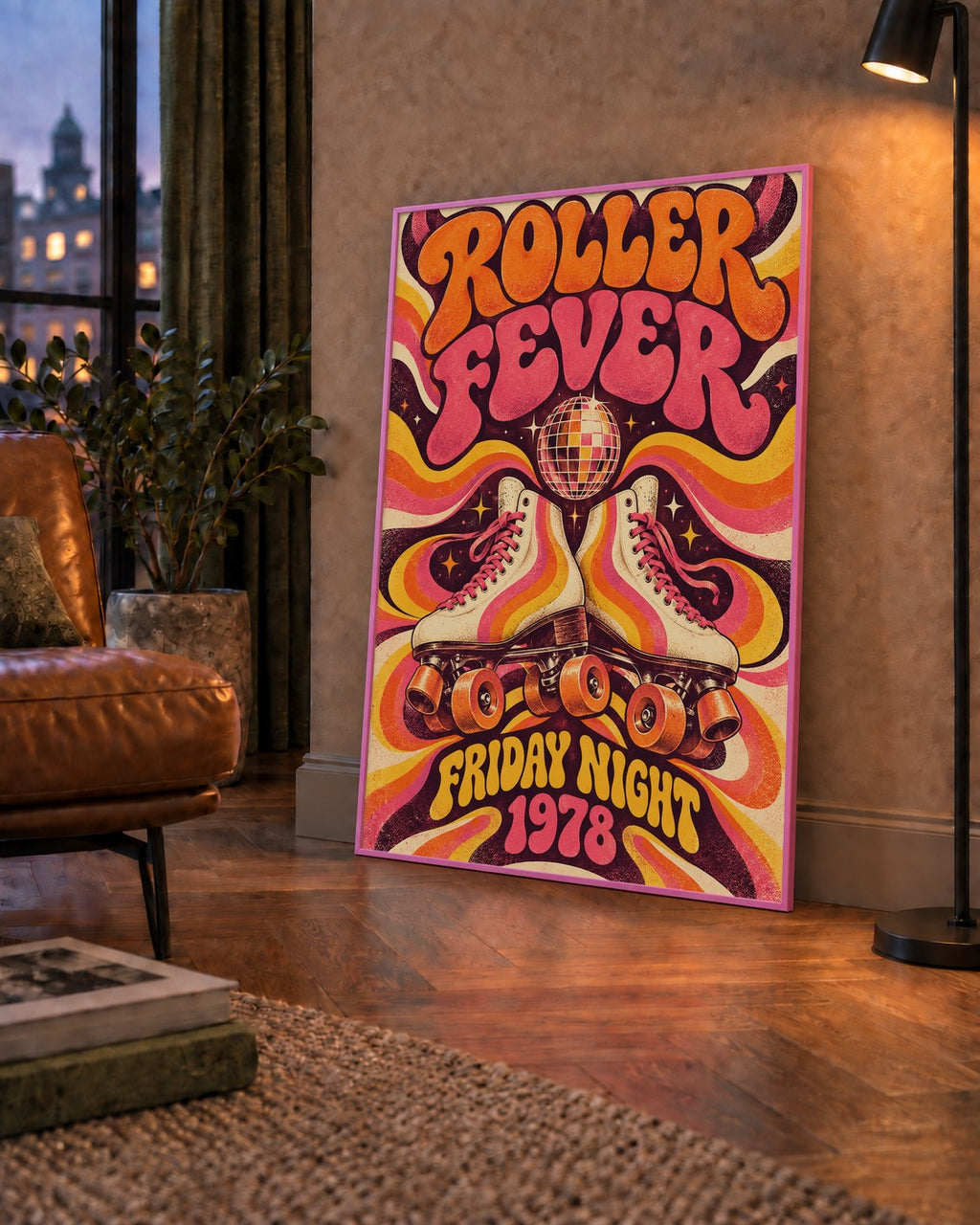 Retro Paten ve Disko Topu Poster – Renkli 70’ler Duvar Dekoru — çerçeveli hâliyle bir ev duvarında