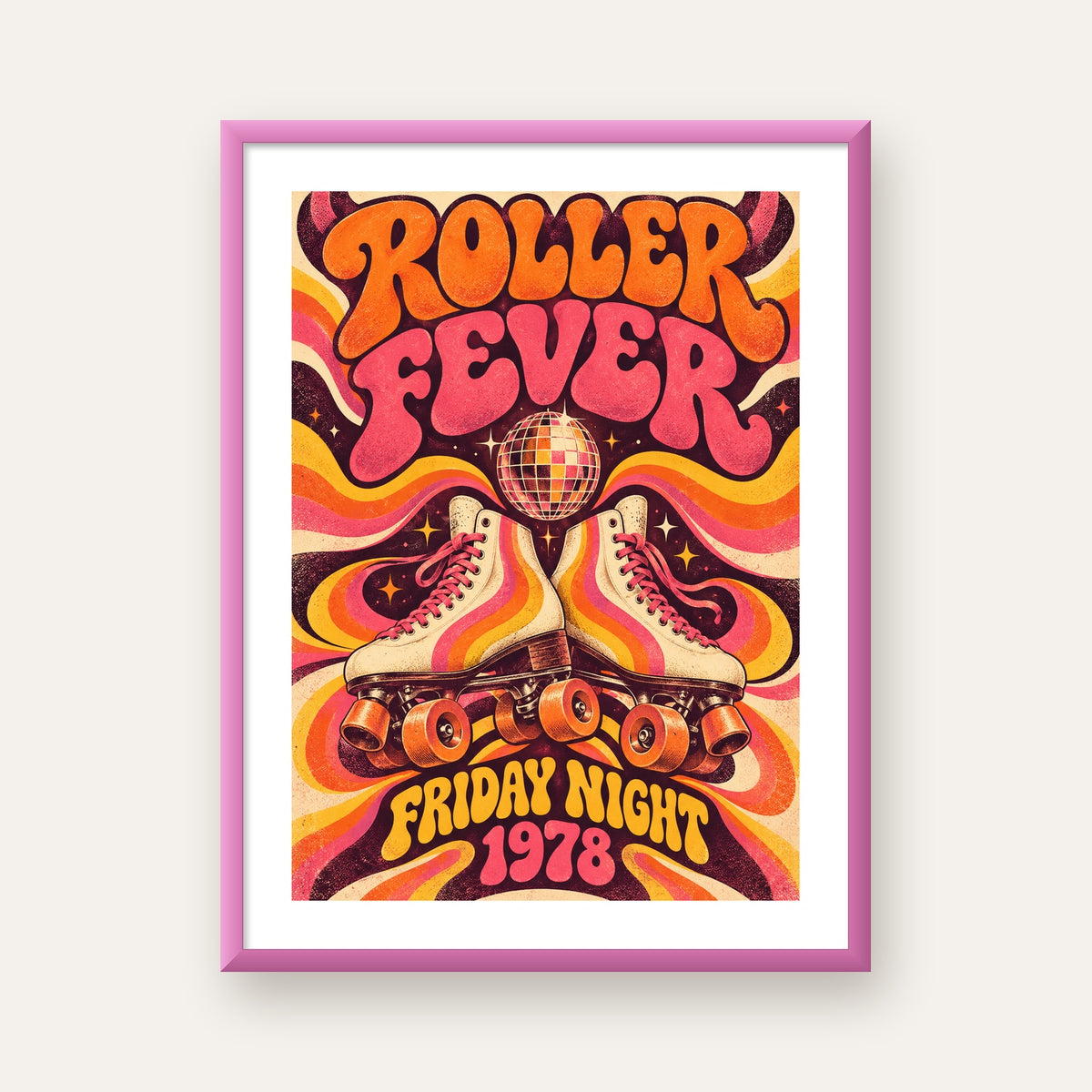 Retro Paten ve Disko Topu Poster – Renkli 70’ler Duvar Dekoru — pembe çerçeveli paspartulu