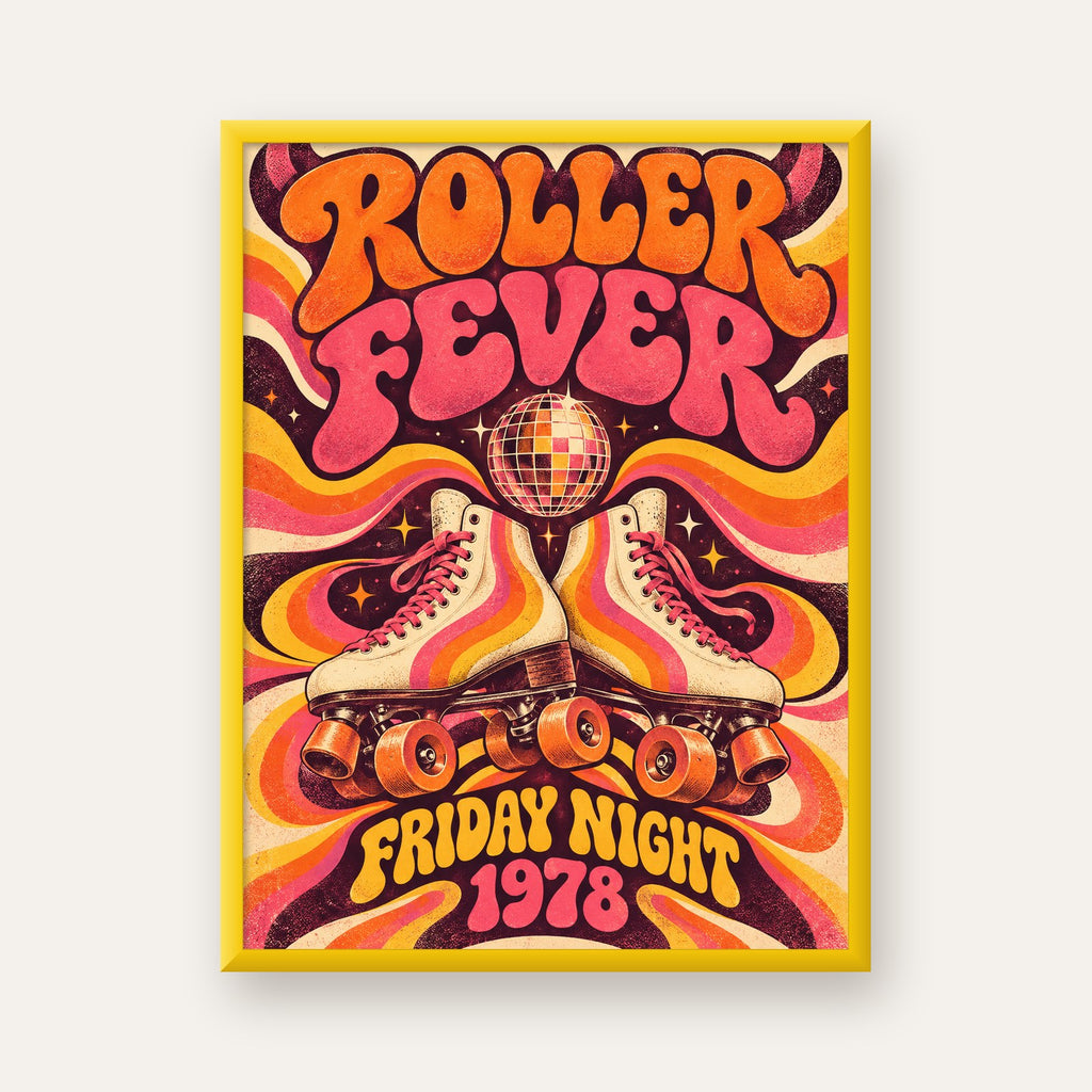 Retro Paten ve Disko Topu Poster – Renkli 70’ler Duvar Dekoru — sarı çerçeveli