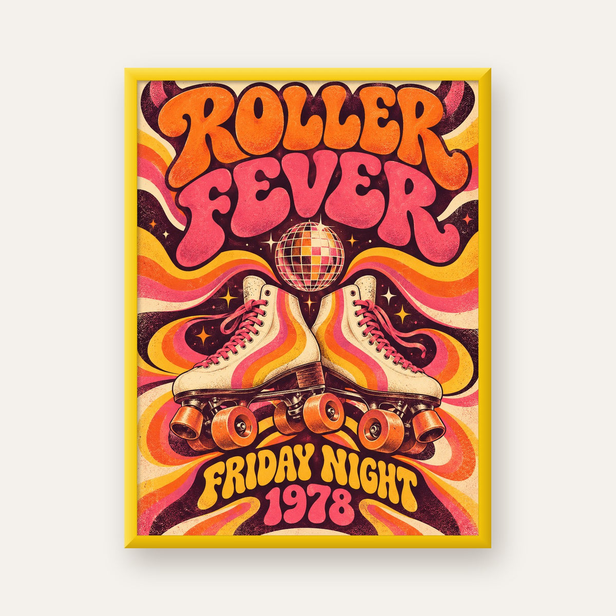 Retro Paten ve Disko Topu Poster – Renkli 70’ler Duvar Dekoru — sarı çerçeveli
