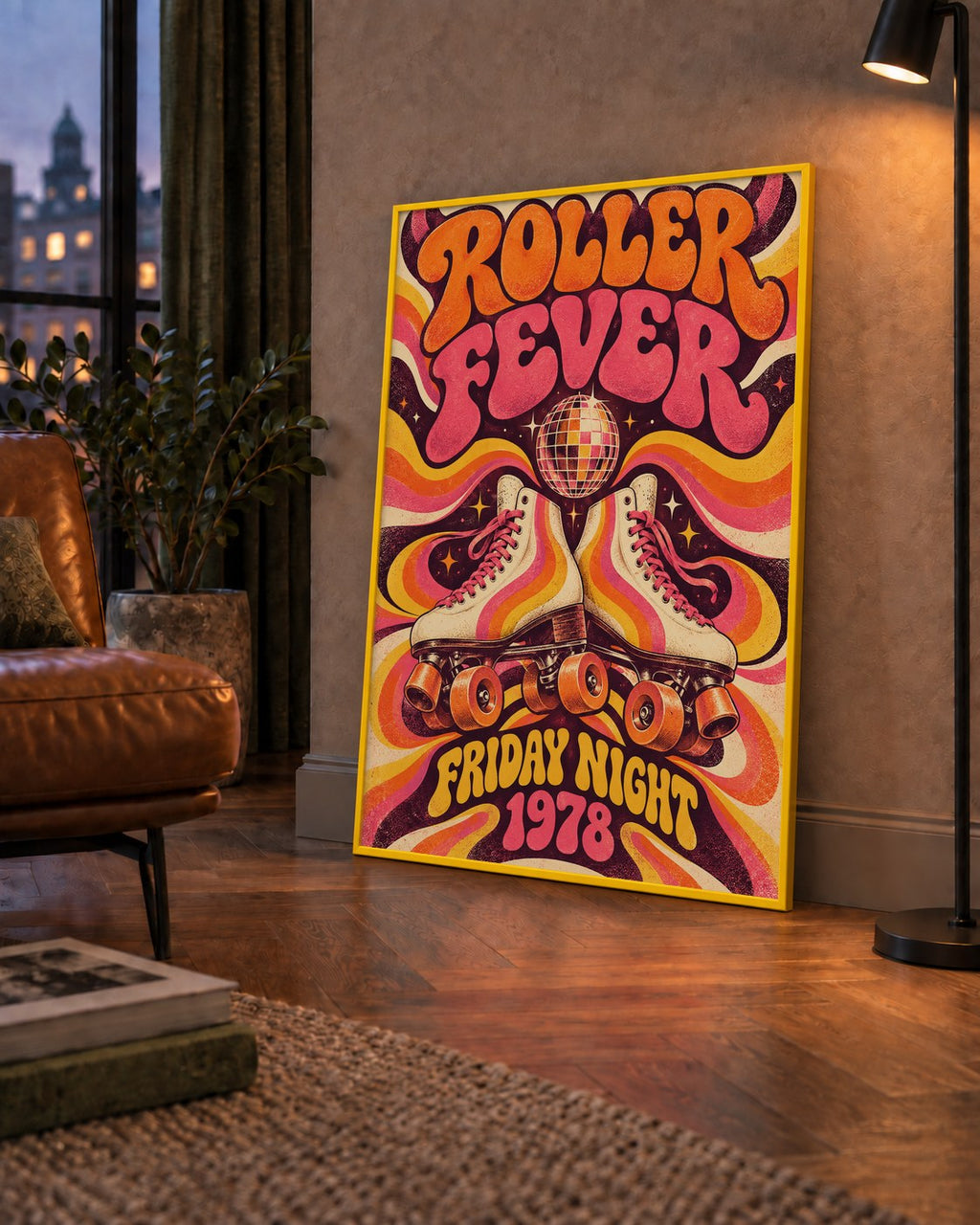 Retro Paten ve Disko Topu Poster – Renkli 70’ler Duvar Dekoru — çerçeveli hâliyle bir ev duvarında