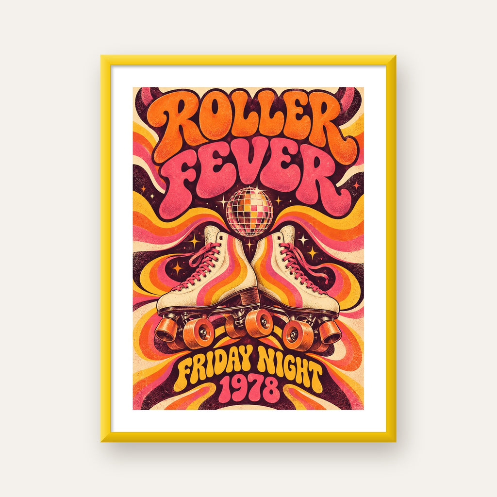 Retro Paten ve Disko Topu Poster – Renkli 70’ler Duvar Dekoru — sarı çerçeveli paspartulu