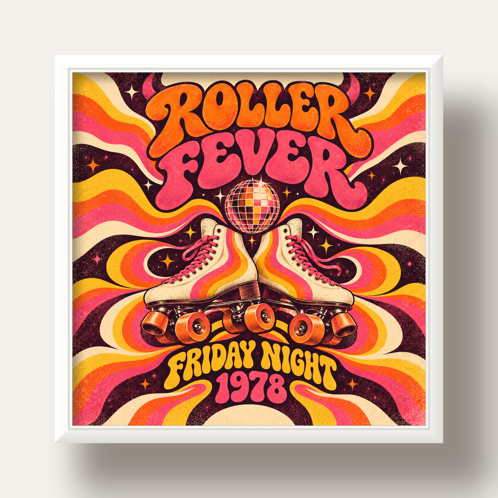 Retro Paten ve Disko Topu Poster – Renkli 70’ler Duvar Dekoru — beyaz derin çerçeveli