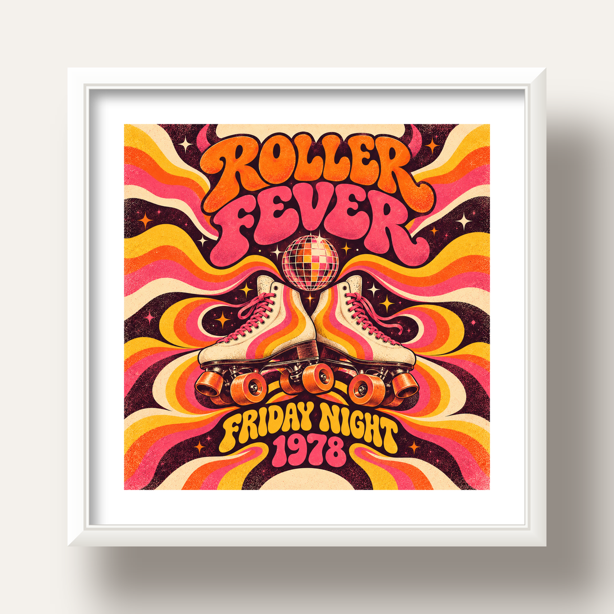Retro Paten ve Disko Topu Poster – Renkli 70’ler Duvar Dekoru — beyaz derin çerçeveli paspartulu