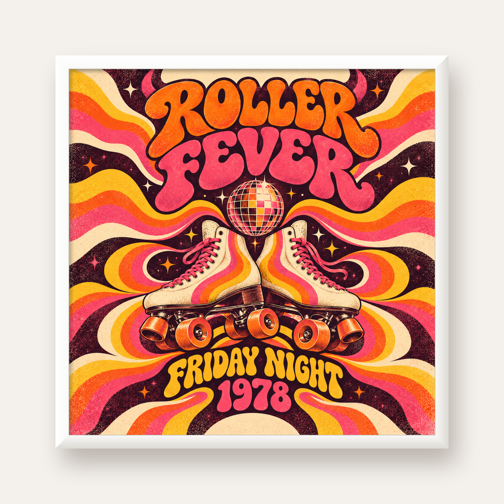 Retro Paten ve Disko Topu Poster – Renkli 70’ler Duvar Dekoru — beyaz çerçeveli kare poster