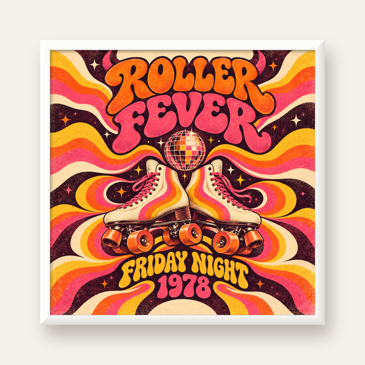 Retro Paten ve Disko Topu Poster – Renkli 70’ler Duvar Dekoru — beyaz çerçeveli kare poster