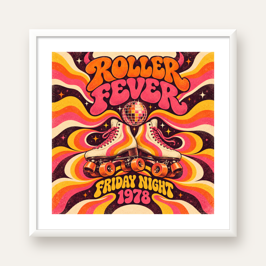 Retro Paten ve Disko Topu Poster – Renkli 70’ler Duvar Dekoru — beyaz çerçeveli kare poster