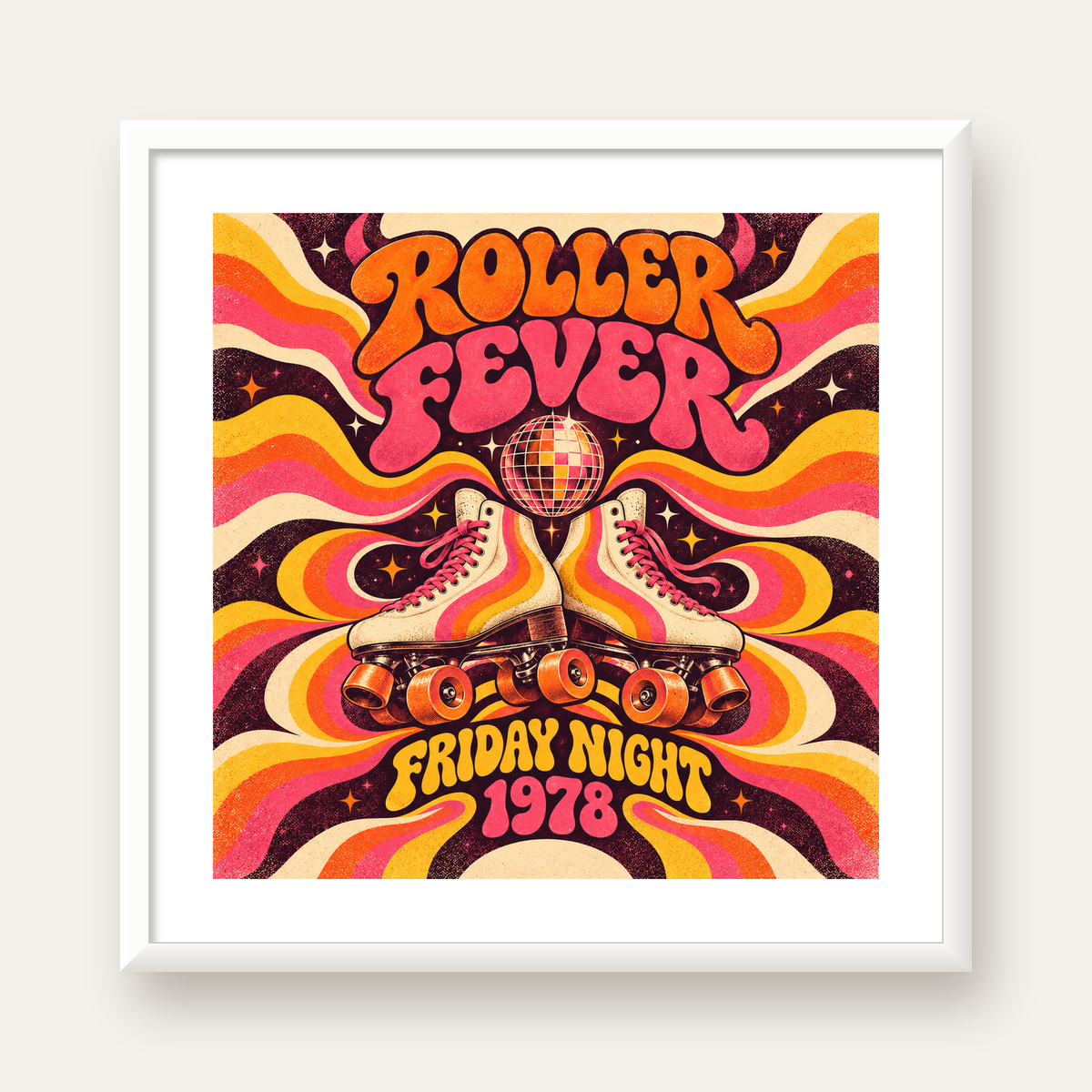 Retro Paten ve Disko Topu Poster – Renkli 70’ler Duvar Dekoru — beyaz çerçeveli kare poster