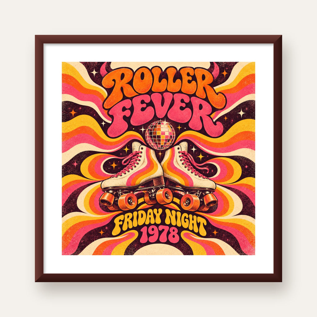 Retro Paten ve Disko Topu Poster – Renkli 70’ler Duvar Dekoru — ceviz çerçeveli paspartulu