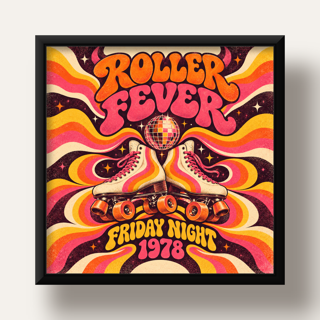 Retro Paten ve Disko Topu Poster – Renkli 70’ler Duvar Dekoru — siyah derin çerçeveli