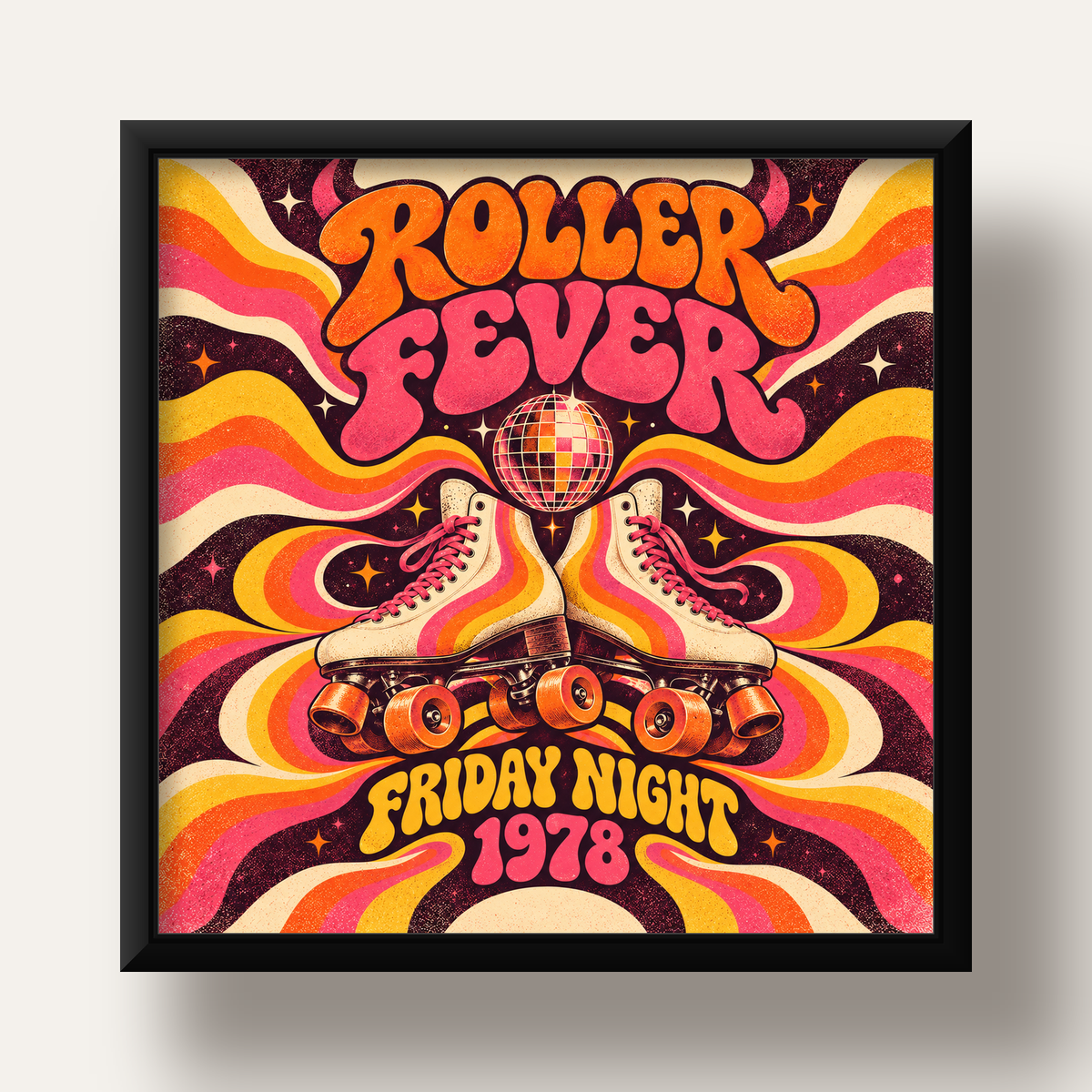 Retro Paten ve Disko Topu Poster – Renkli 70’ler Duvar Dekoru — siyah derin çerçeveli