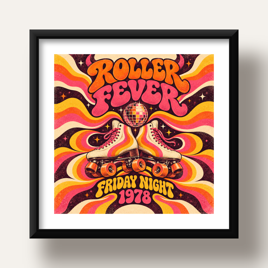 Retro Paten ve Disko Topu Poster – Renkli 70’ler Duvar Dekoru — siyah derin çerçeveli paspartulu