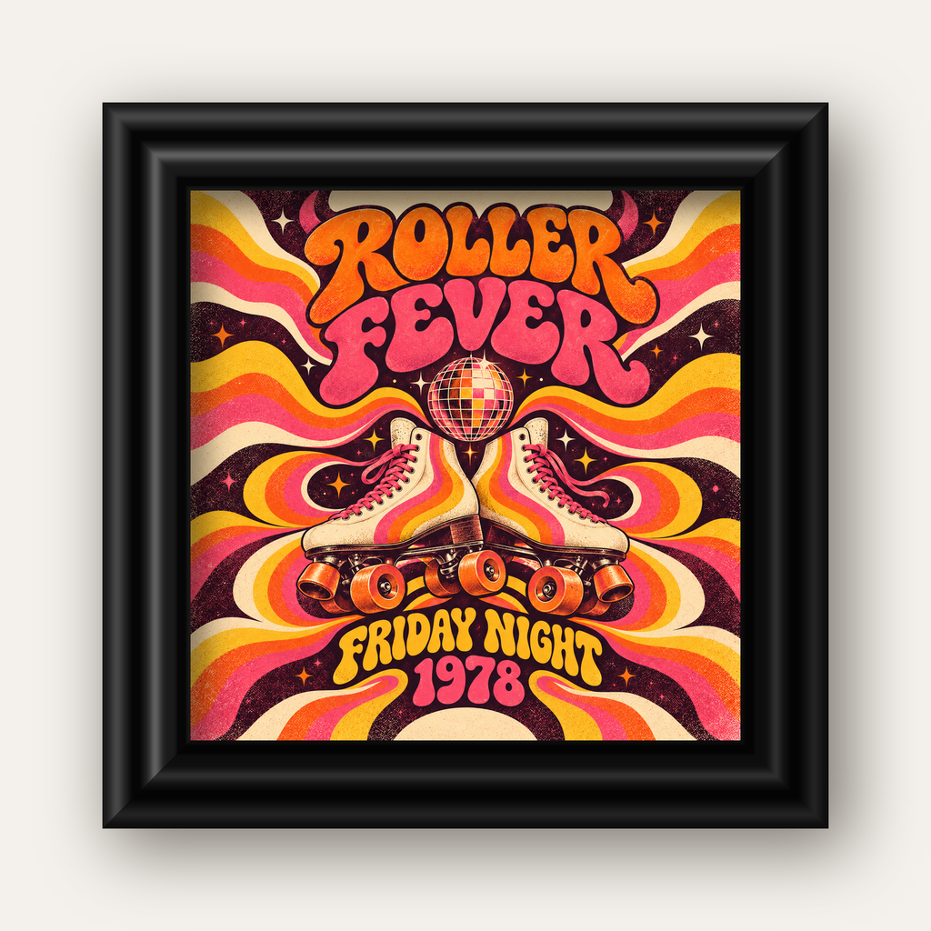Retro Paten ve Disko Topu Poster – Renkli 70’ler Duvar Dekoru — siyah galeri çerçeveli