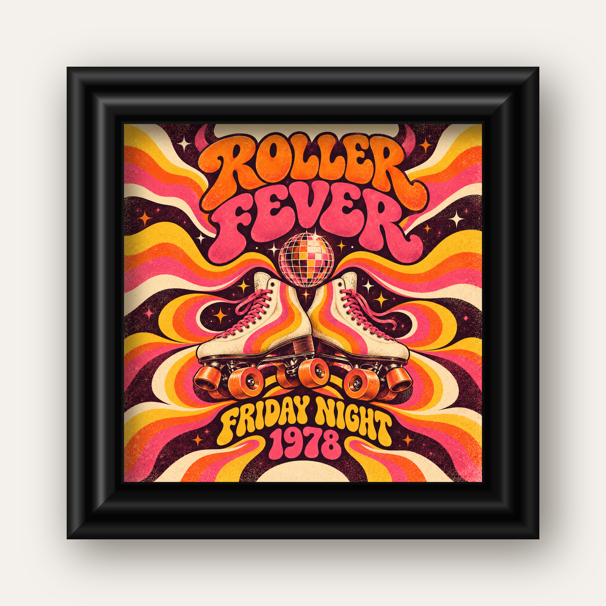 Retro Paten ve Disko Topu Poster – Renkli 70’ler Duvar Dekoru — siyah galeri çerçeveli