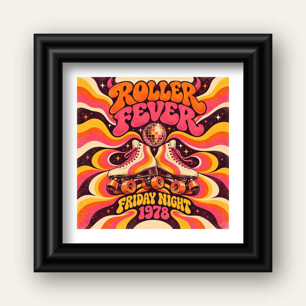 Retro Paten ve Disko Topu Poster – Renkli 70’ler Duvar Dekoru — siyah galeri çerçeveli paspartulu