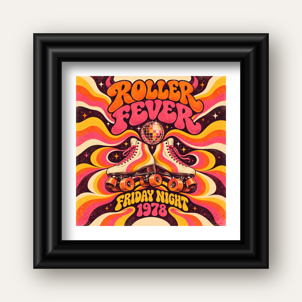 Retro Paten ve Disko Topu Poster – Renkli 70’ler Duvar Dekoru — siyah galeri çerçeveli paspartulu