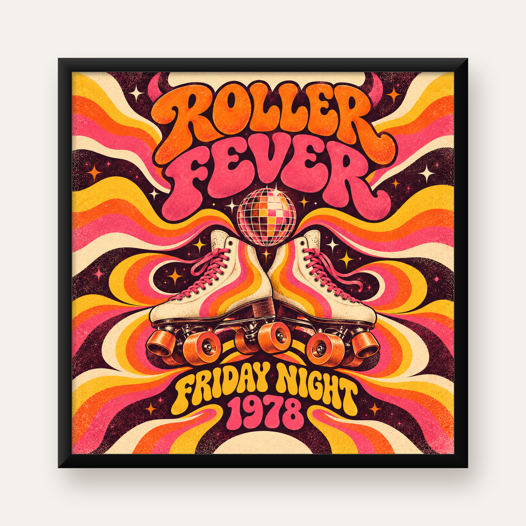 Retro Paten ve Disko Topu Poster – Renkli 70’ler Duvar Dekoru — Kare baskı, düz siyah çerçeveli duvar posteri