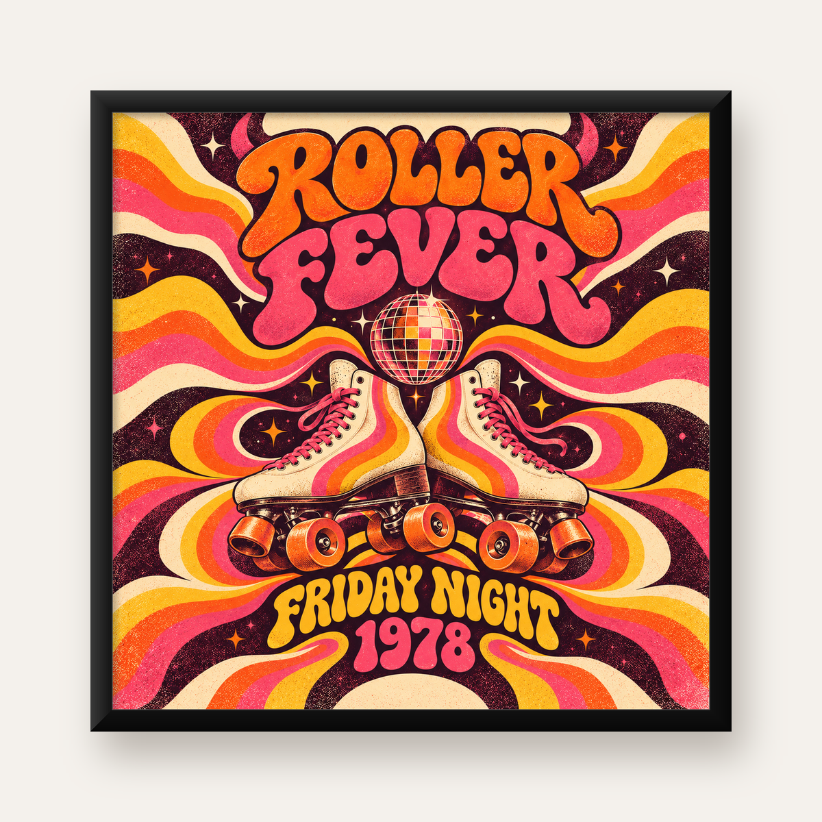 Retro Paten ve Disko Topu Poster – Renkli 70’ler Duvar Dekoru — Kare baskı, düz siyah çerçeveli duvar posteri