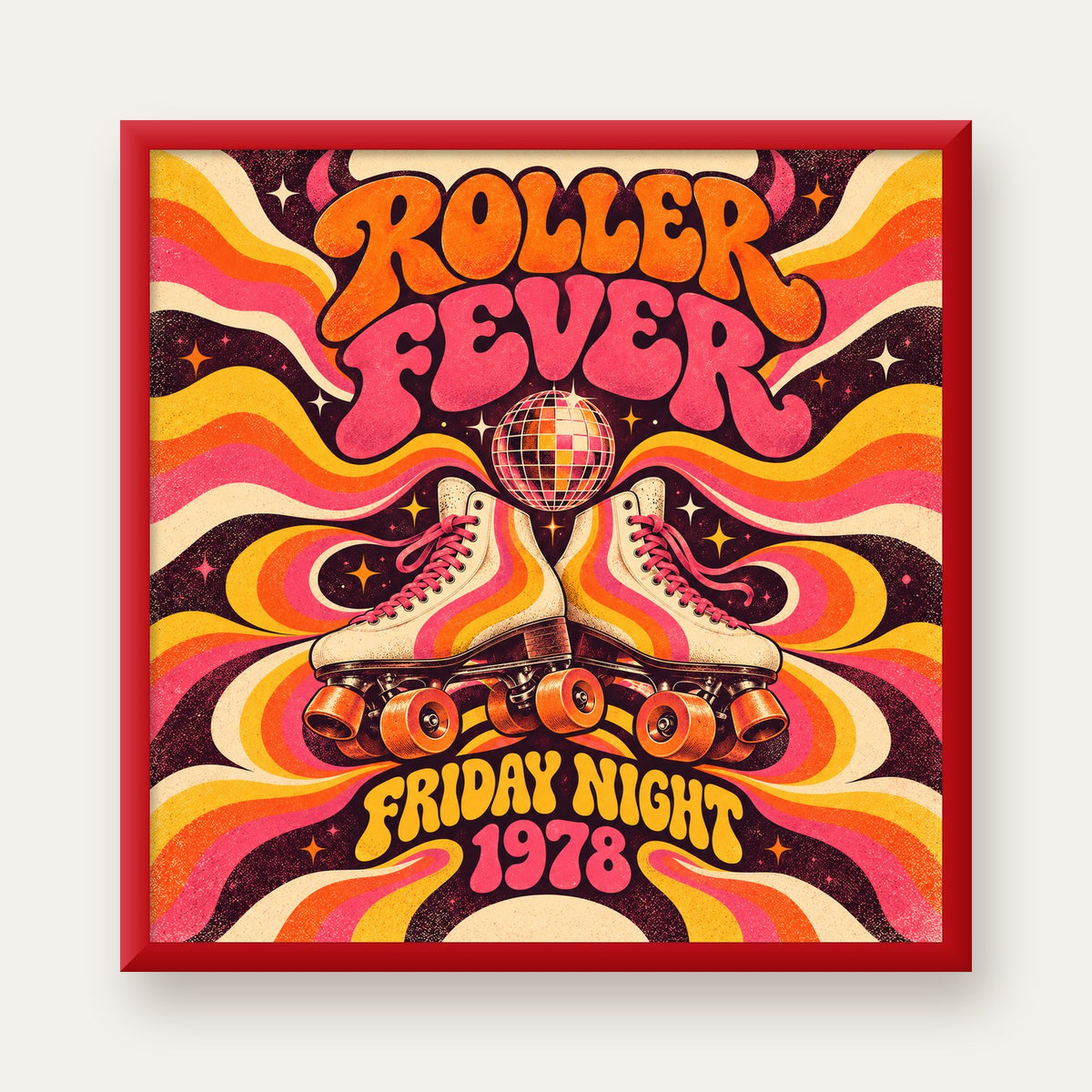 Retro Paten ve Disko Topu Poster – Renkli 70’ler Duvar Dekoru — kırmızı çerçeveli