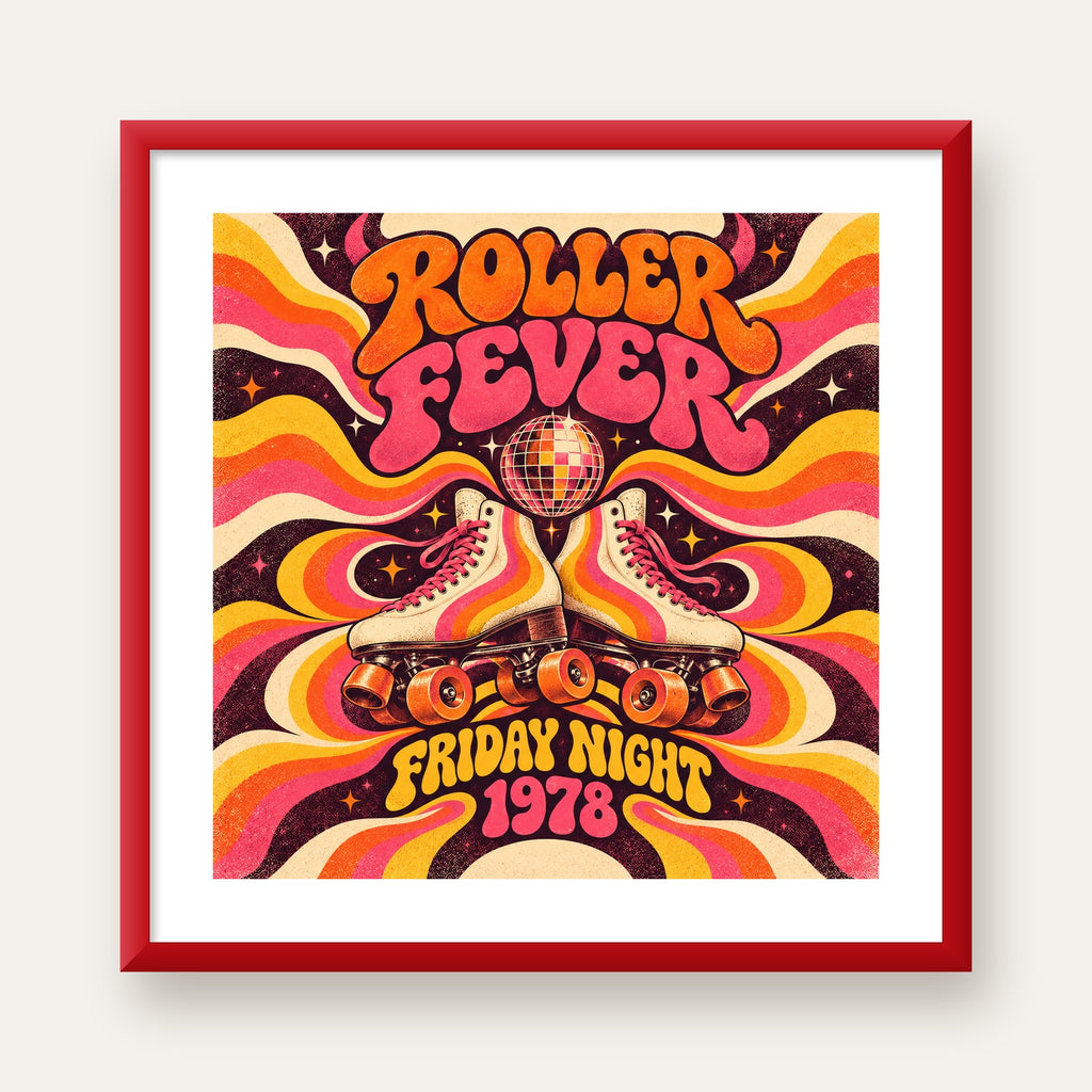 Retro Paten ve Disko Topu Poster – Renkli 70’ler Duvar Dekoru — kırmızı çerçeveli paspartulu