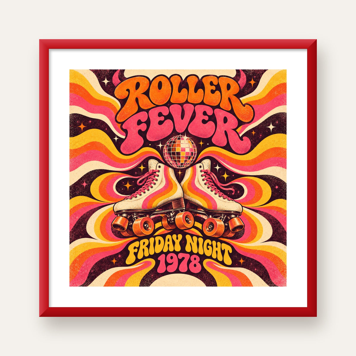 Retro Paten ve Disko Topu Poster – Renkli 70’ler Duvar Dekoru — kırmızı çerçeveli paspartulu