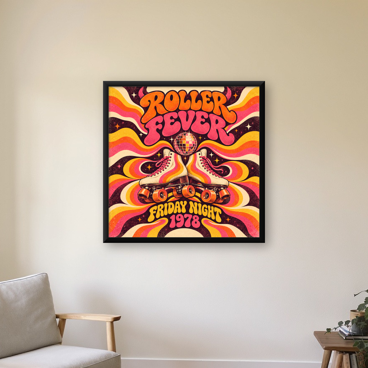 Retro Paten ve Disko Topu Poster – Renkli 70’ler Duvar Dekoru — Kare baskı, çerçeveli hâliyle bir ev duvarında