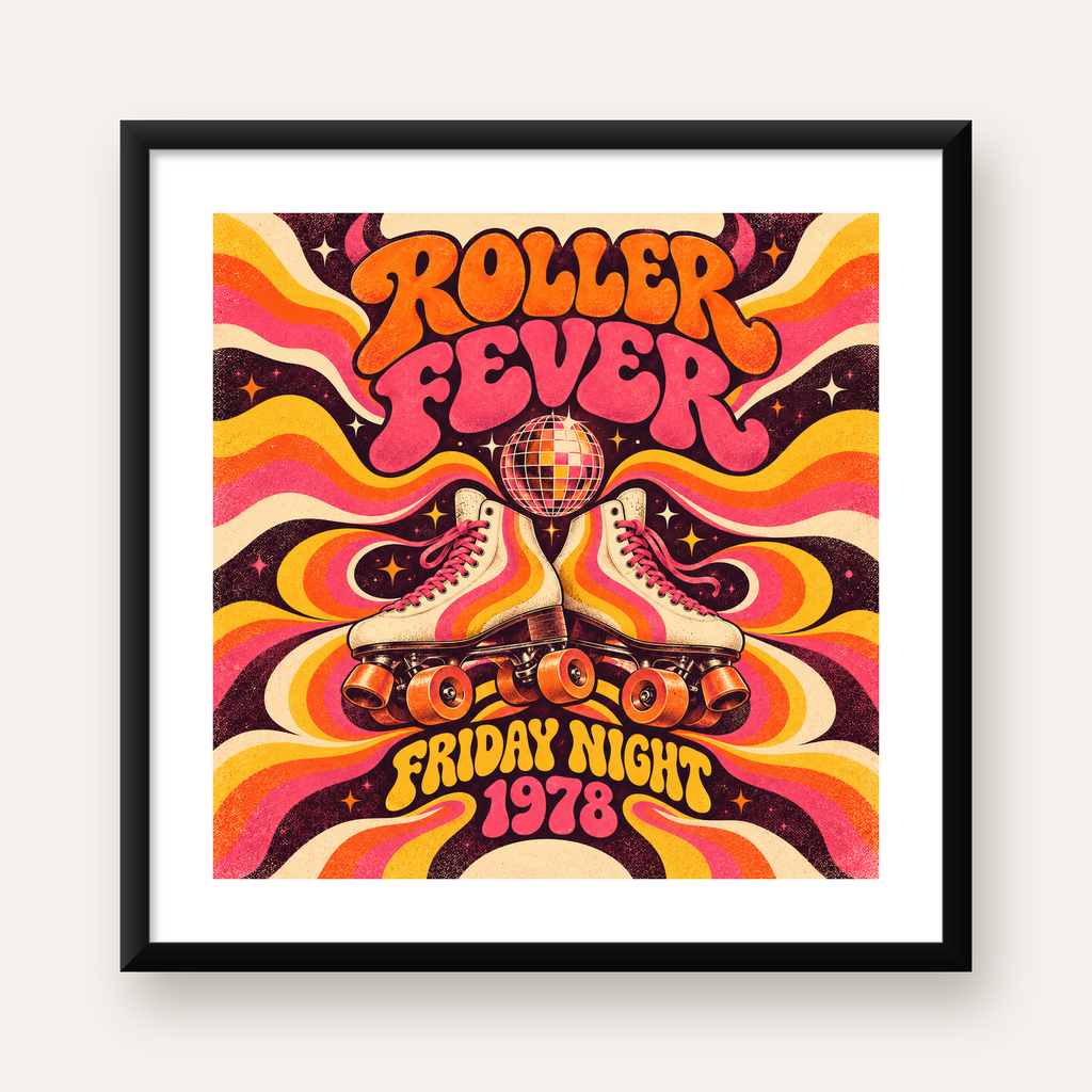 Retro Paten ve Disko Topu Poster – Renkli 70’ler Duvar Dekoru — Kare baskı, beyaz paspartulu