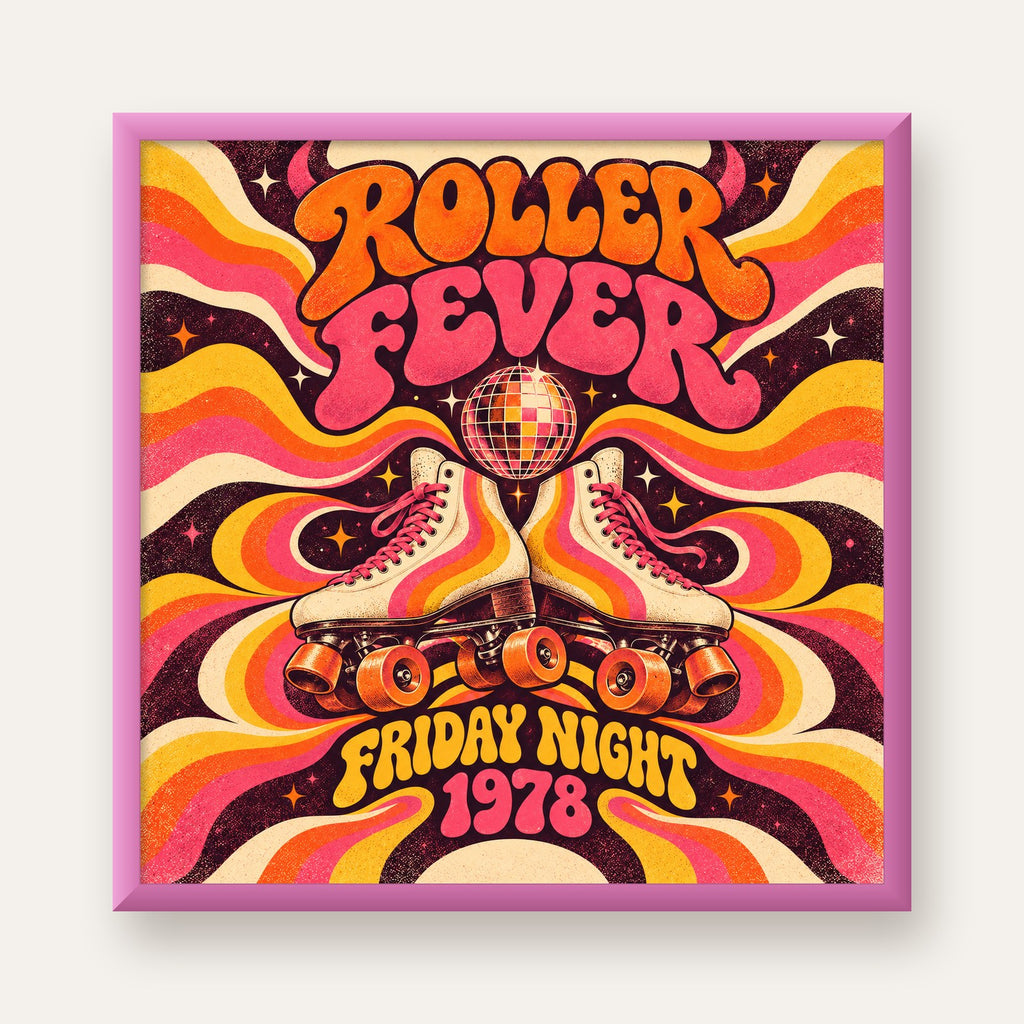 Retro Paten ve Disko Topu Poster – Renkli 70’ler Duvar Dekoru — pembe çerçeveli