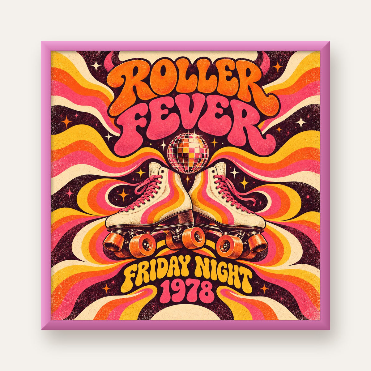 Retro Paten ve Disko Topu Poster – Renkli 70’ler Duvar Dekoru — pembe çerçeveli