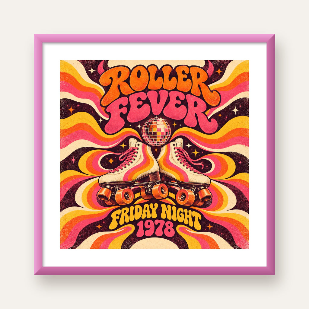 Retro Paten ve Disko Topu Poster – Renkli 70’ler Duvar Dekoru — pembe çerçeveli paspartulu