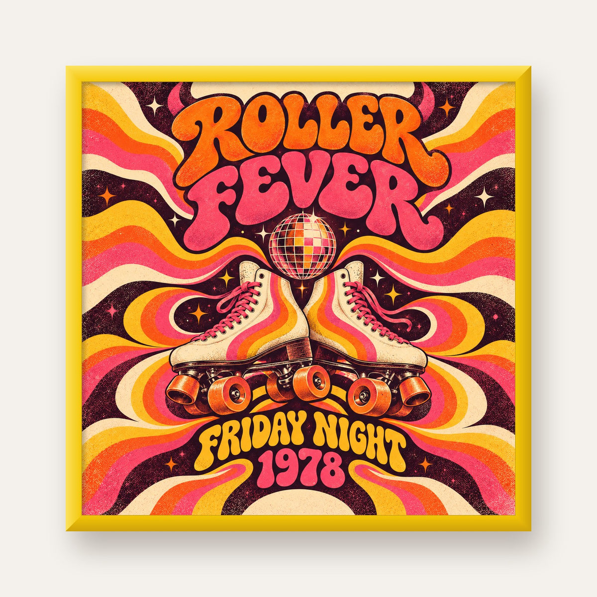 Retro Paten ve Disko Topu Poster – Renkli 70’ler Duvar Dekoru — sarı çerçeveli