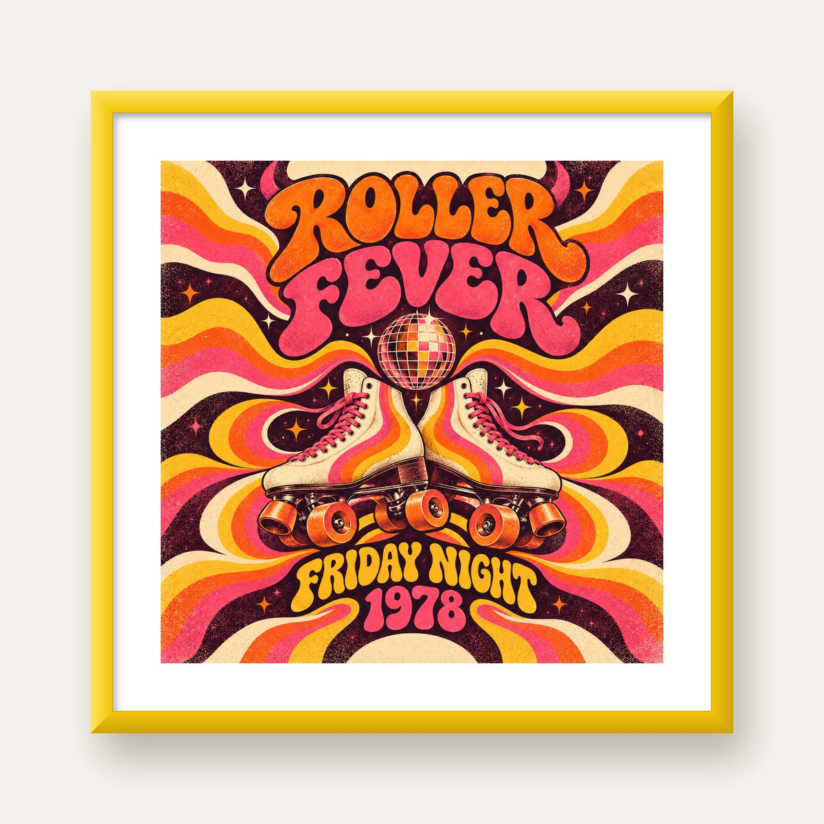 Retro Paten ve Disko Topu Poster – Renkli 70’ler Duvar Dekoru — sarı çerçeveli paspartulu