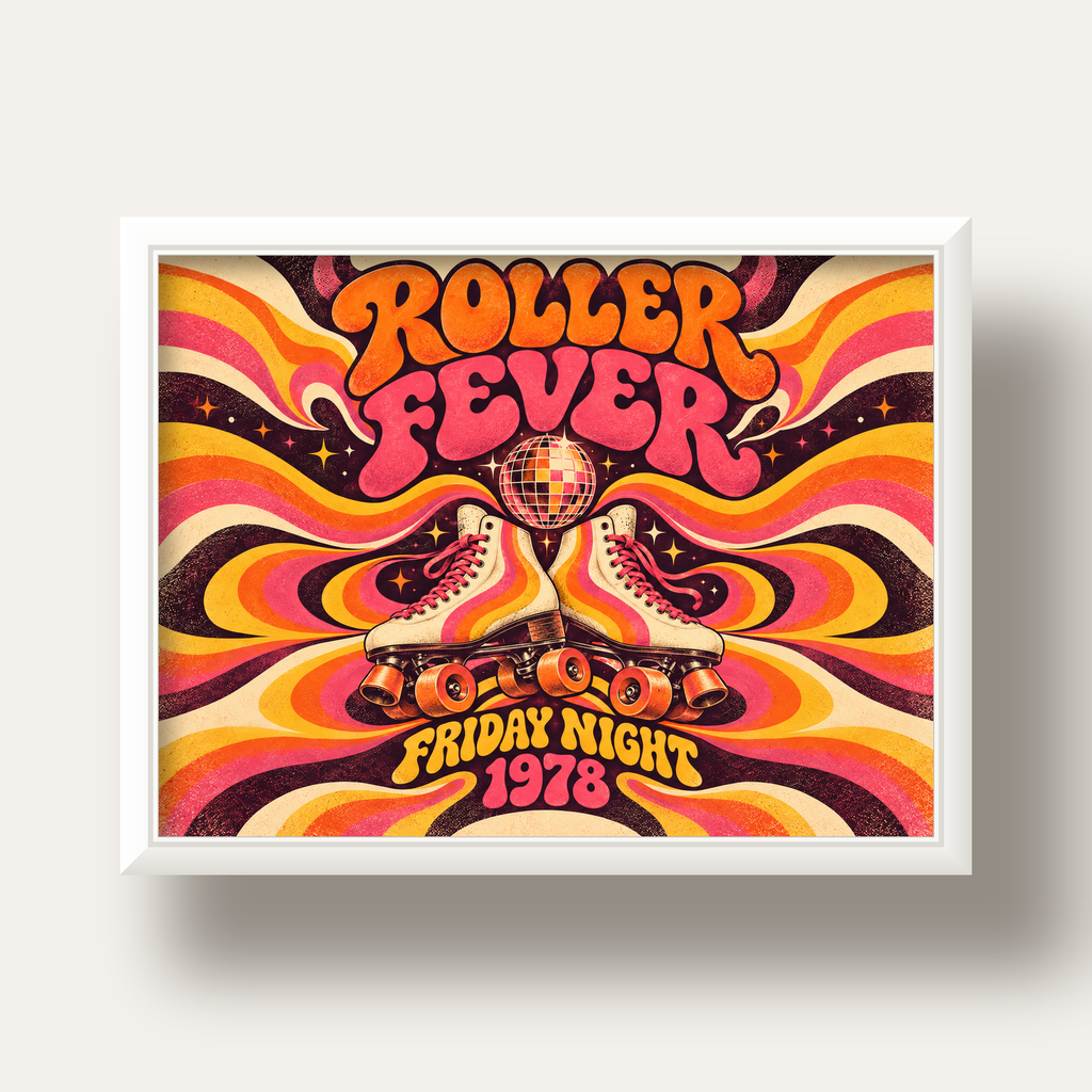 Retro Paten ve Disko Topu Poster – Renkli 70’ler Duvar Dekoru — beyaz derin çerçeveli