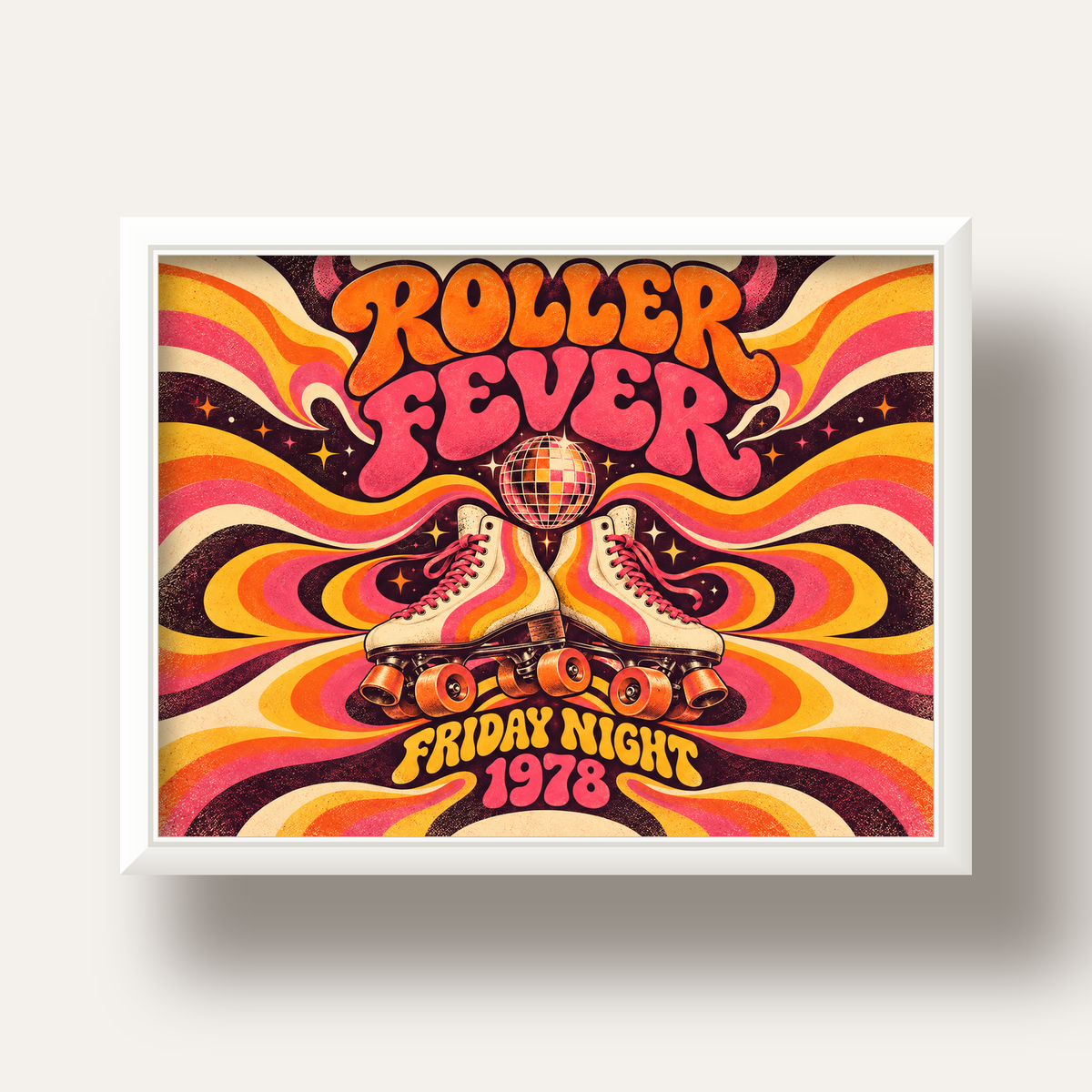 Retro Paten ve Disko Topu Poster – Renkli 70’ler Duvar Dekoru — beyaz derin çerçeveli