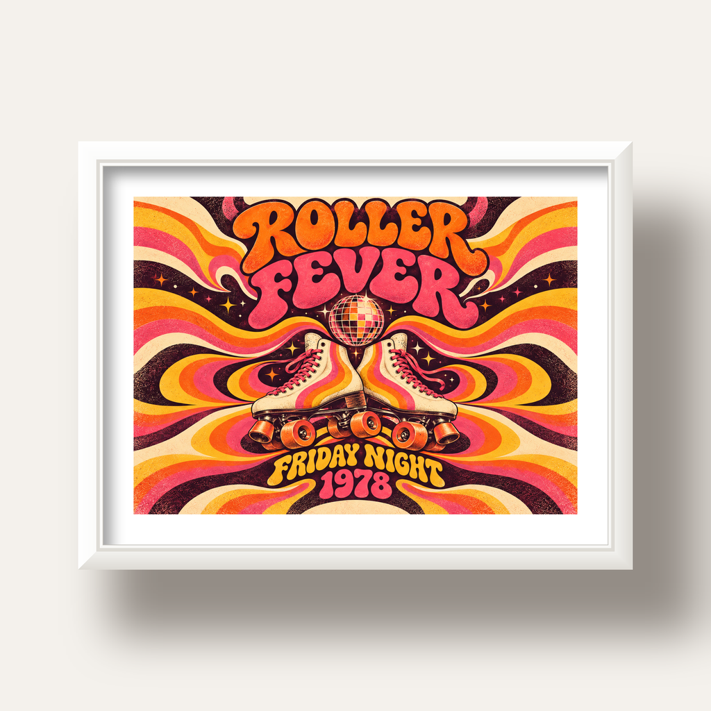 Retro Paten ve Disko Topu Poster – Renkli 70’ler Duvar Dekoru — beyaz derin çerçeveli paspartulu