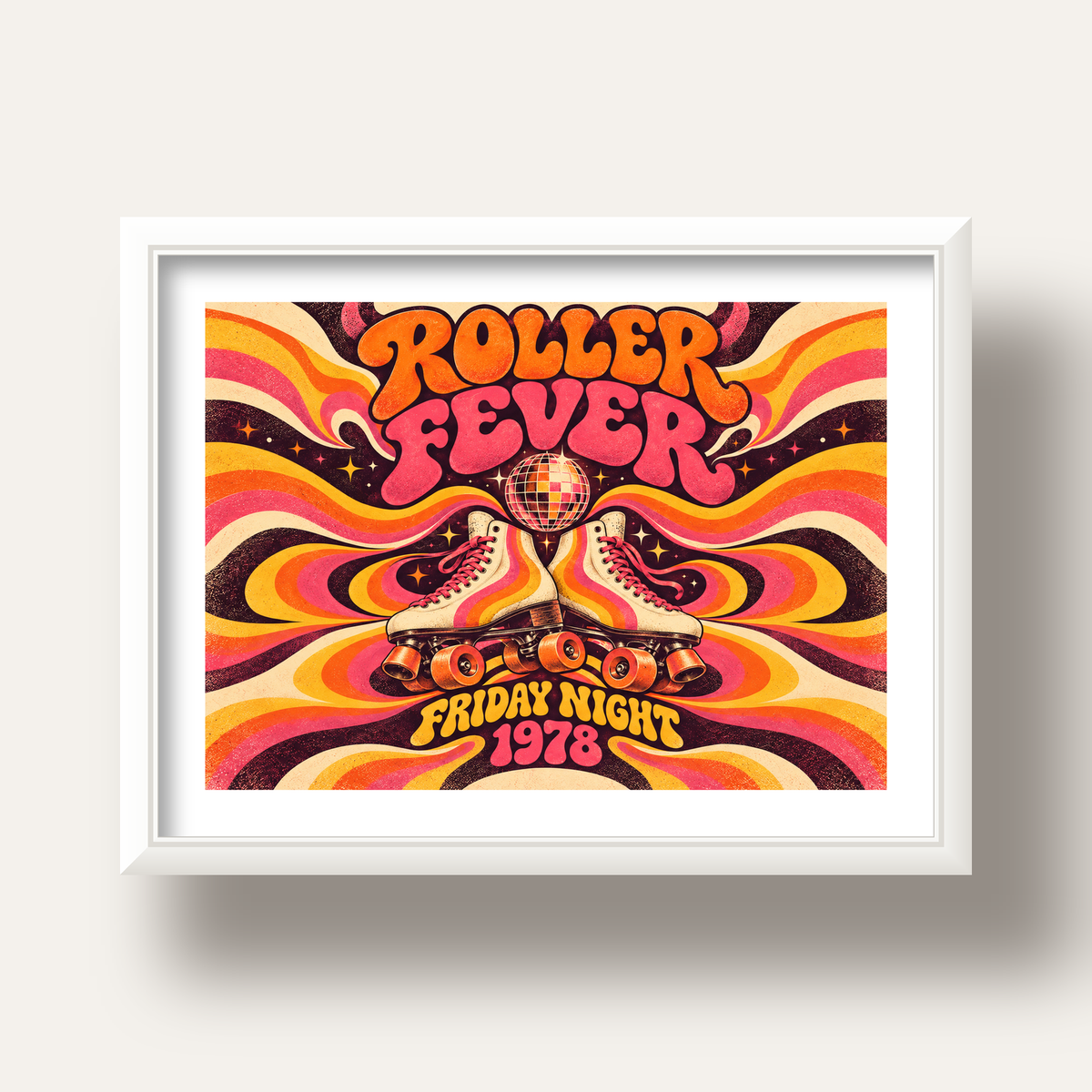 Retro Paten ve Disko Topu Poster – Renkli 70’ler Duvar Dekoru — beyaz derin çerçeveli paspartulu