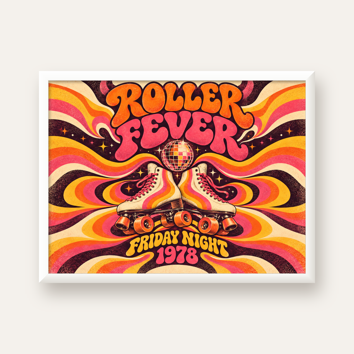 Retro Paten ve Disko Topu Poster – Renkli 70’ler Duvar Dekoru — beyaz çerçeveli yatay poster
